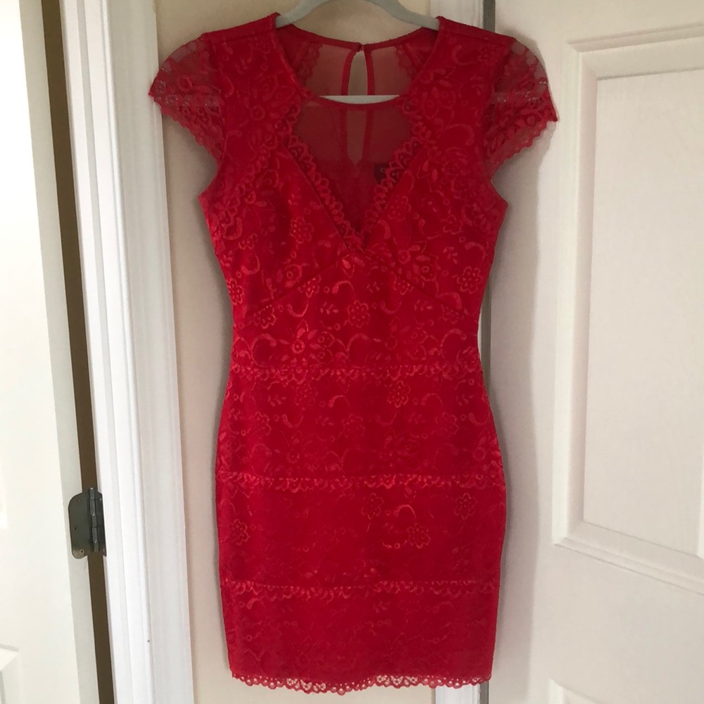 Bebe red lace mesh bandage bodycon dress